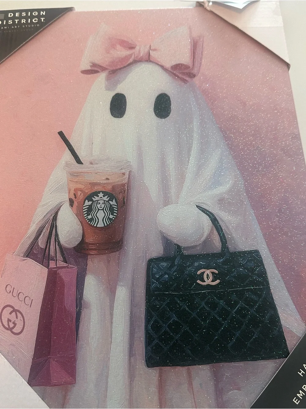Viral Ghost Wall Art with pink bow coffee and purse